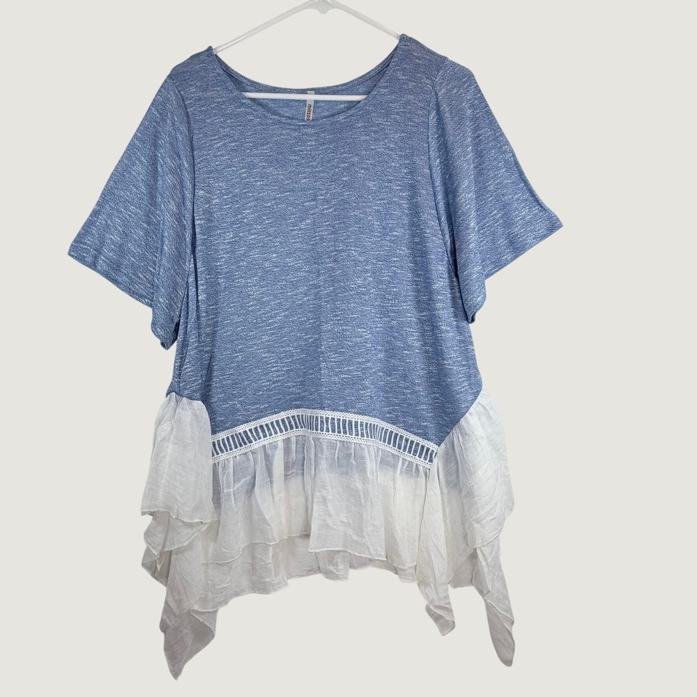 Mittoshop Tunic Top Womens Small Blue White Ruffle Hem Crochet Lace T6441 USA